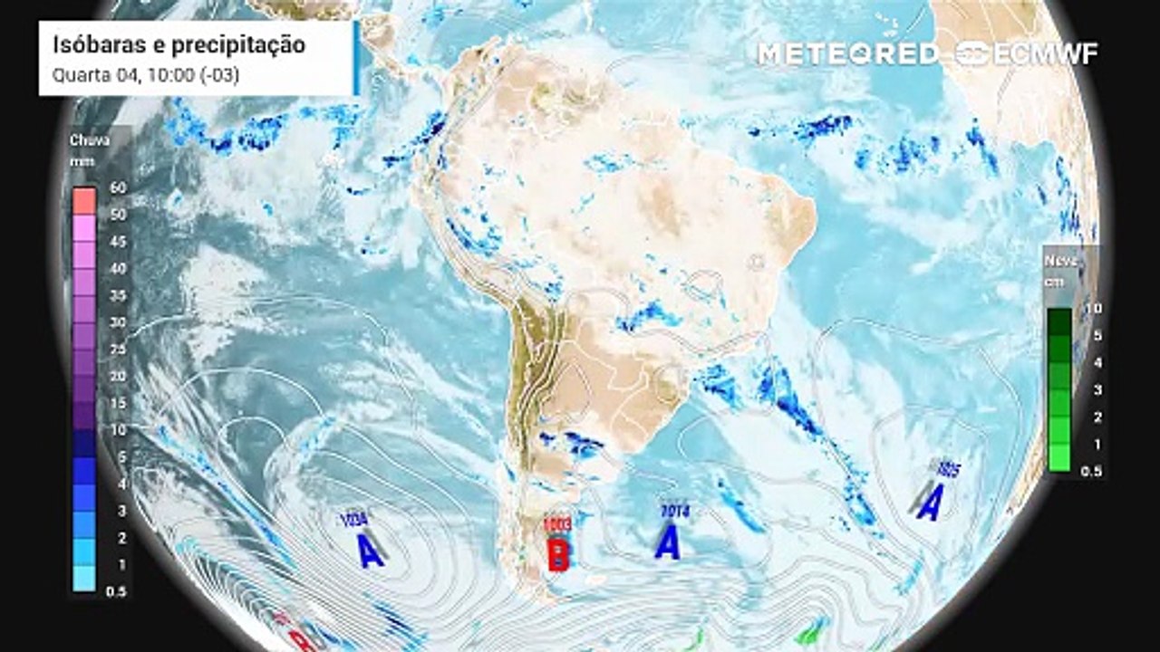 Quarta- feira, 4 de fevereiro: Previsão de chuva, nebulosidade e pressão a nível médio do mar entre quarta (4) e sexta-feira (6).