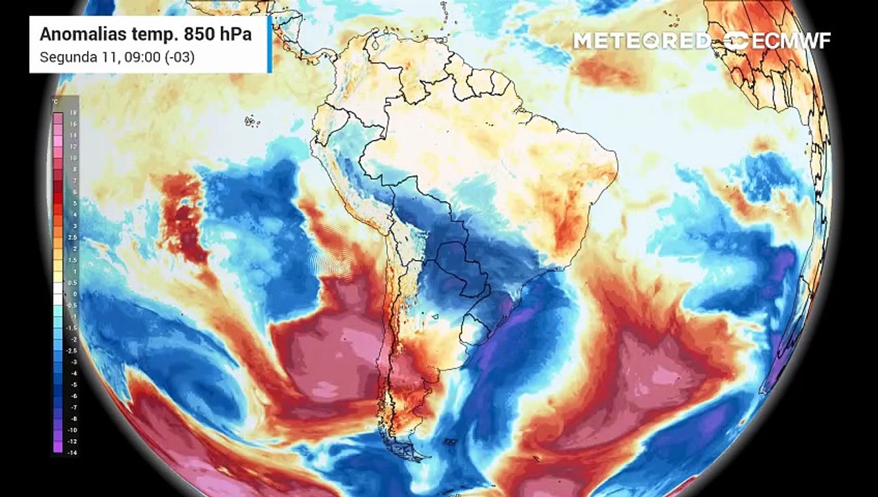 Segunda-feira, 11 de maio: Anomalia de temperatura em 850 hPa.