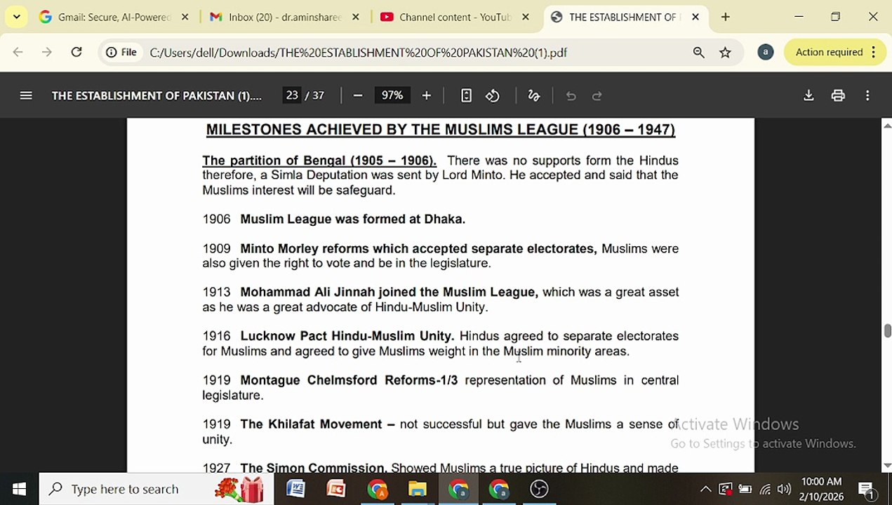 milestone achieved by muslim leaque from 1906 to 1947