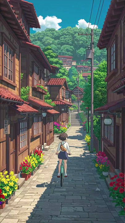 少女は自転車で出かける 心を癒す風景🌸 少女と自転車で巡る日本の美しい村