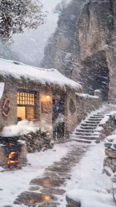 snowy mountain cottage.