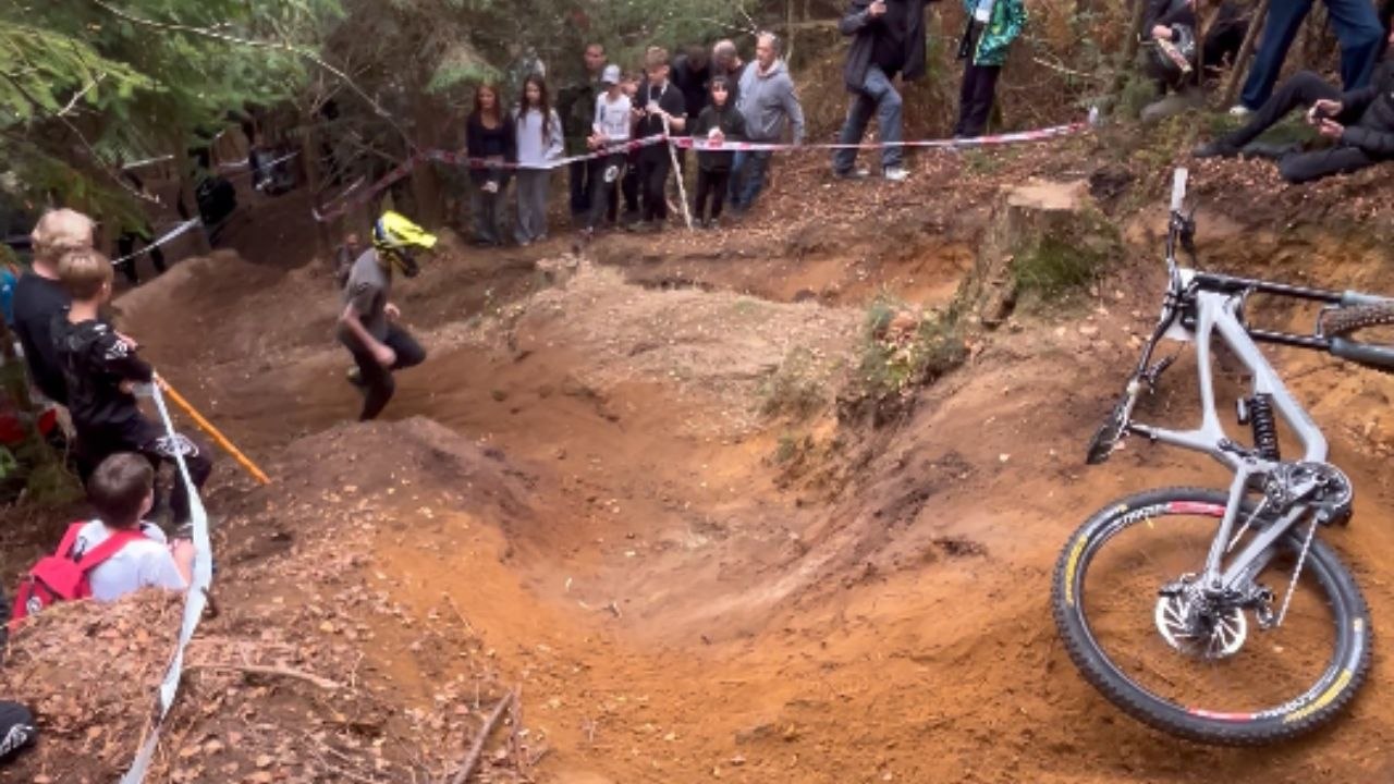 Mountain biker crashes repeatedly on trail during intense downhill races