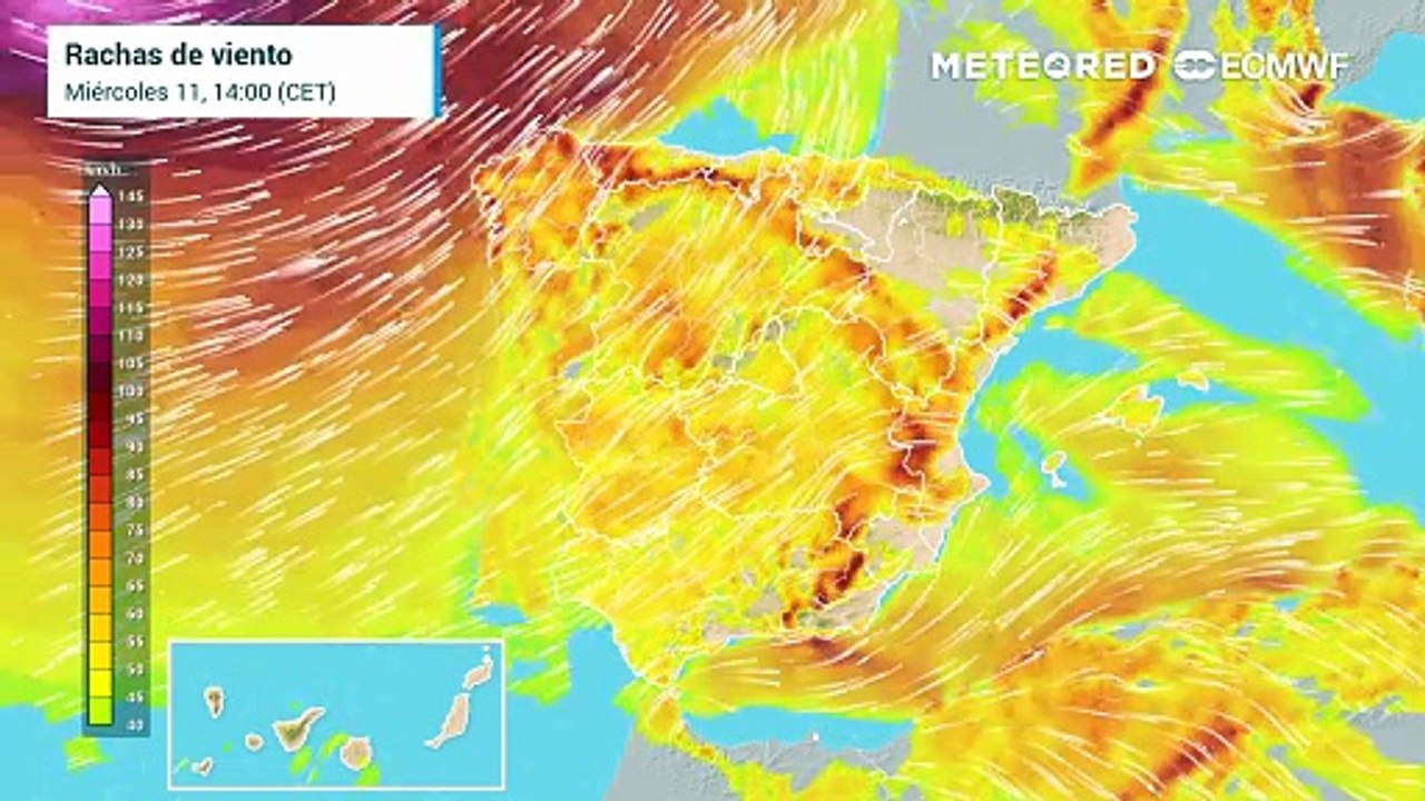 Rachas de viento en superficie previstas por el modelo europeo para los próximos días