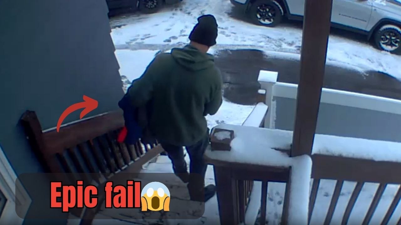 Gentleman slips on black ice while packing car for ski trip