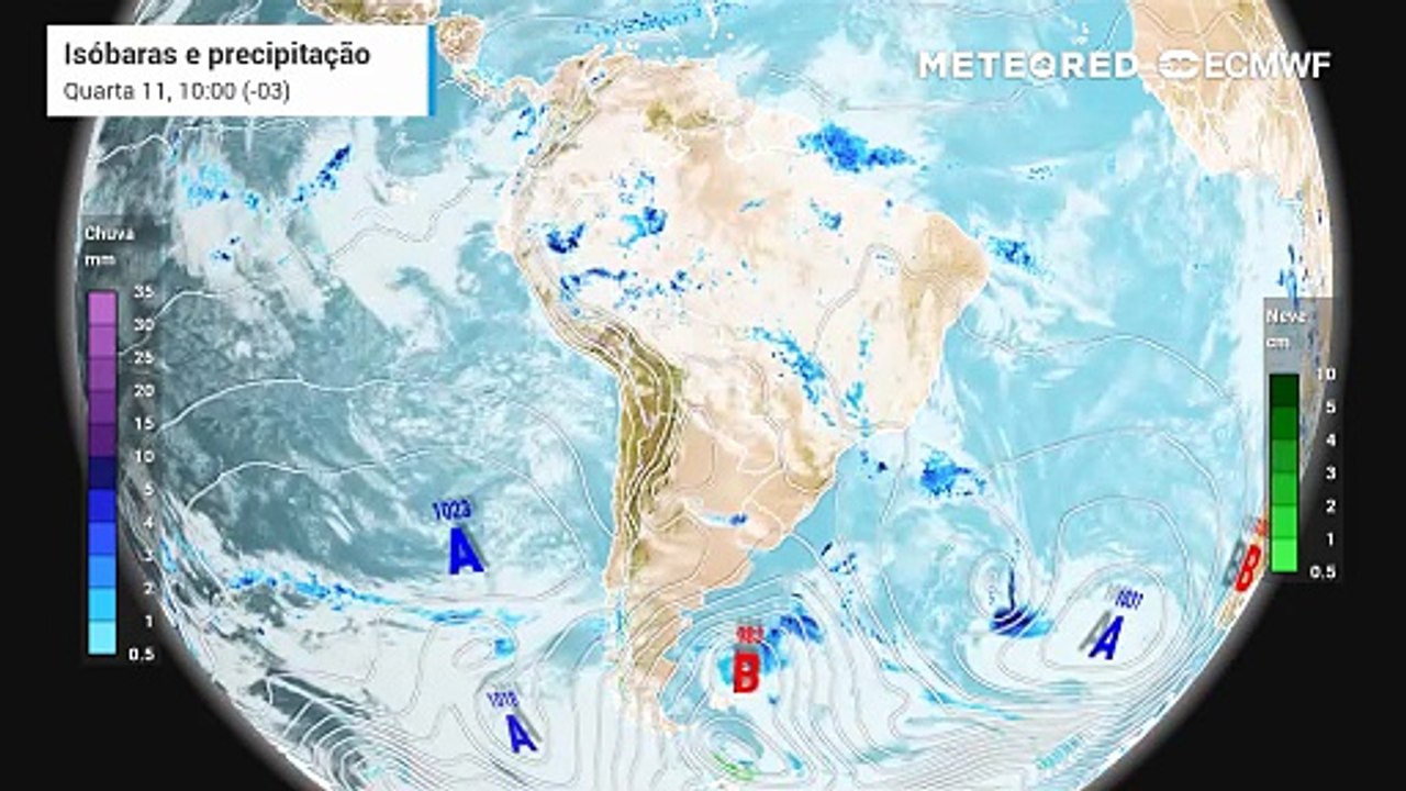 Quarta-feira, 11 de fevereiro: Previsão de chuvas, nebulosidade e pressão a nível médio do mar entre quarta (11) e sexta-feira (13).