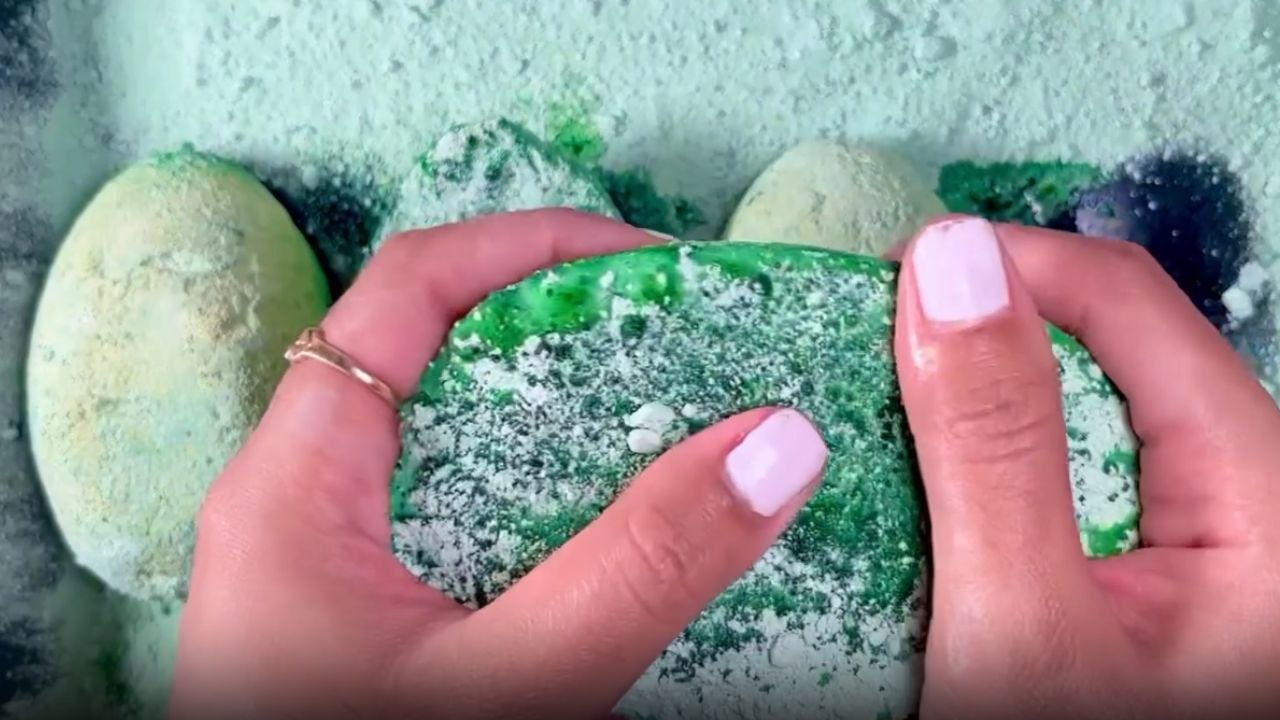 ASMR creator delightfully crushes soft green gym chalk ovals
