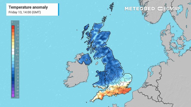 Temperatures dropping quickly over the UK as northerly wind takes hold