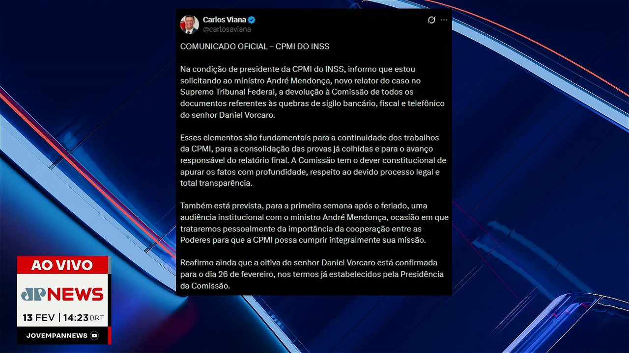 Carlos Viana pede a André Mendonça devolução de dados de Vorcaro e Banco Master | TEMPO REAL