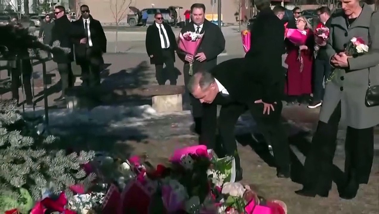Carney lays flowers at memorial in Tumbler Ridge after mass shooting