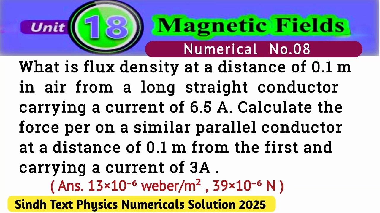 What is flux density at a distance of 0.1m in air from a long straight conductor carrying a current of 6.5A. Calculate the force per on a similar parallel conductor at a distance of 0.1m from the first and carrying a current of 3A .