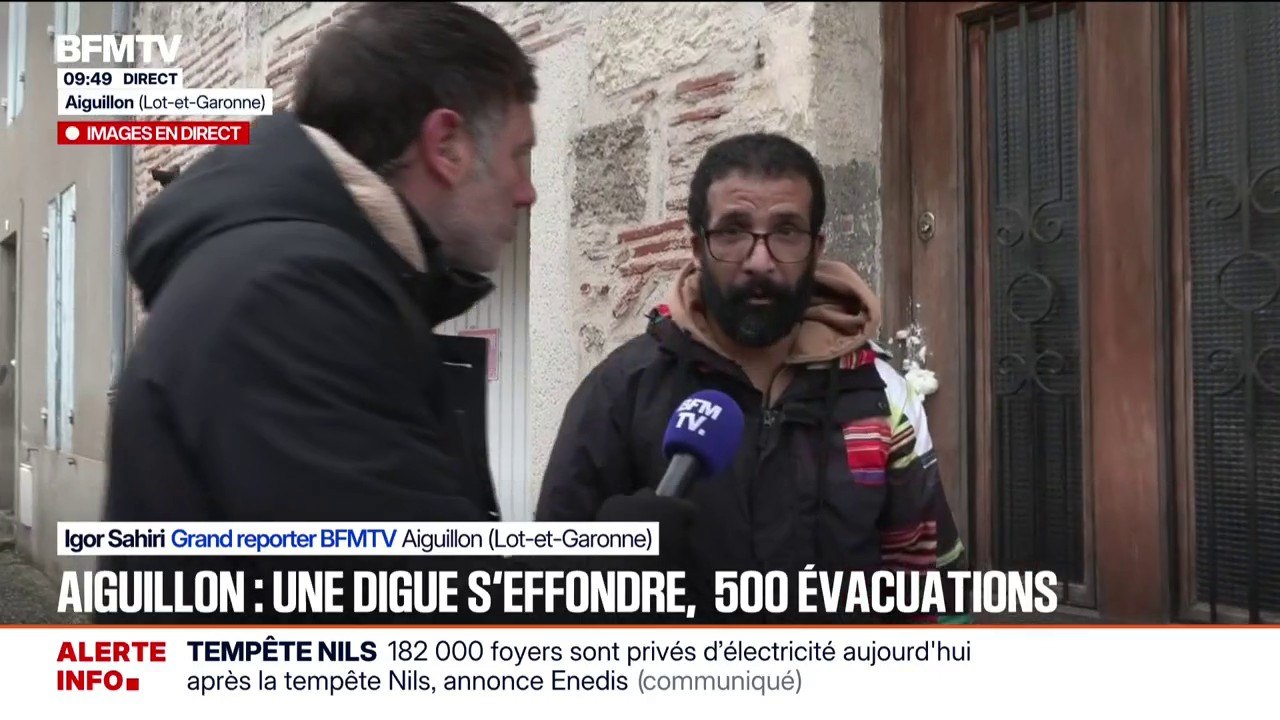 Crues: "On essaye de trouver de quoi sécuriser nos maisons... J'ai évacué mes enfants, ma femme", assure cet habitant d'Aiguillon (Lot-et-Garonne)