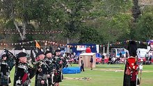 The Lonach Pipe Band_ led by Drum Major Neil Jamieson and Pipe Major Michael Laing_ as they march off playing the Pibroch o_ Donal Dhu. This concluded Beatin