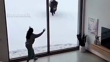 Frightening security footage from a mountain chalet captures the moment an adult American bison