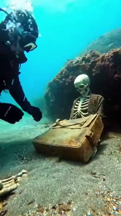 skeletal figure resting beside a heavy bag.