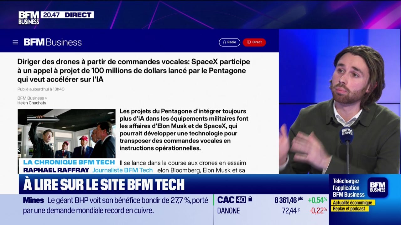 À lire sur le site Tech&Co : Diriger des drones à partir de commandes vocales, SpaceX participe à un appel à projet de 100 millions de dollars lancé par le Pentagone qui veut accélérer sur l'IA, par Raphael Raffray - 17/02