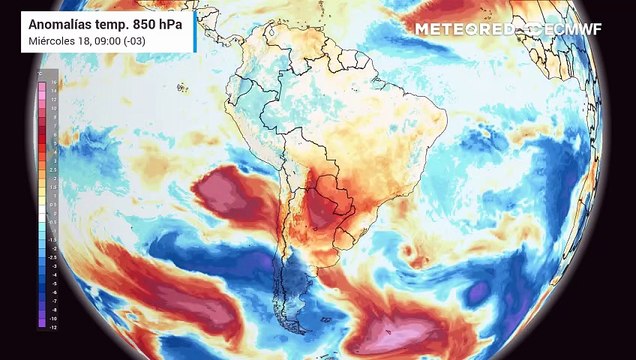 Pronóstico de anomalías de temperaturas a 850 hPa: Miercoles 18 de febrero
