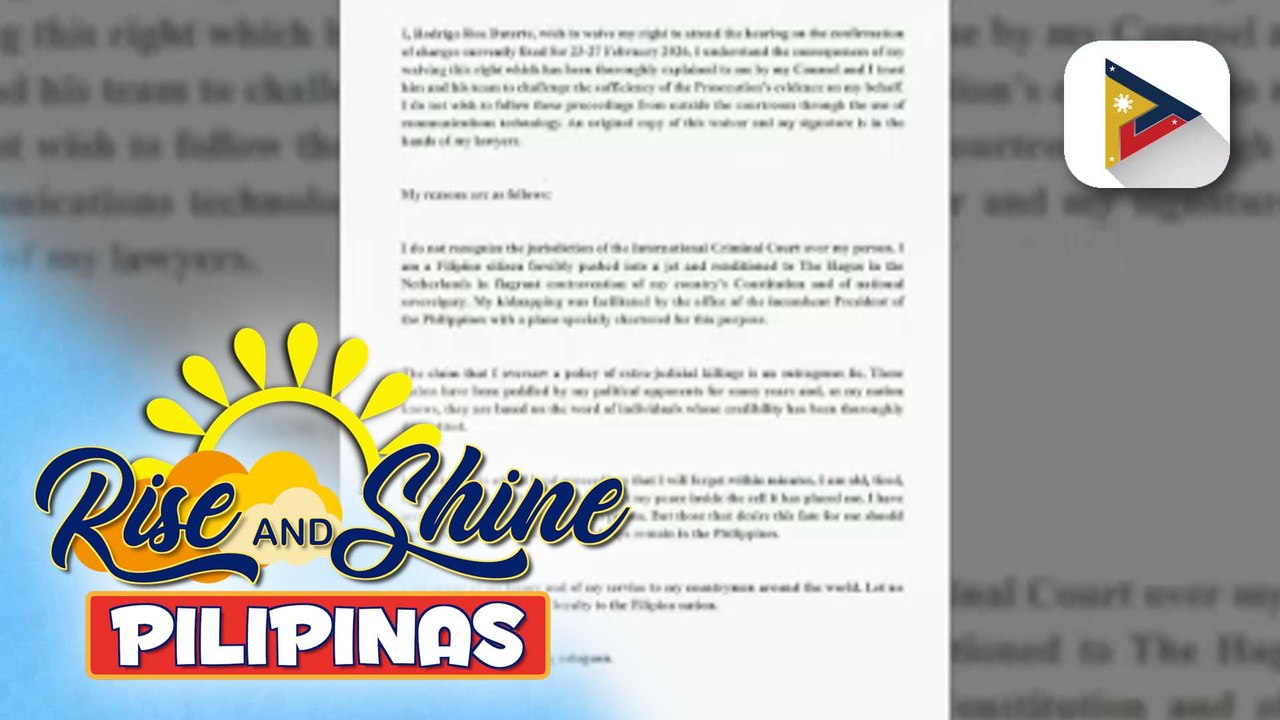 Dating Pres. Rodrigo Duterte, hindi dadalo sa kanyang confirmation hearing sa ICC simula sa Feb. 23-27