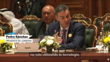 El presidente del Gobierno, Pedro Sánchez, durante un encuentro con empresarios del sector de la inteligencia artificial en la India.