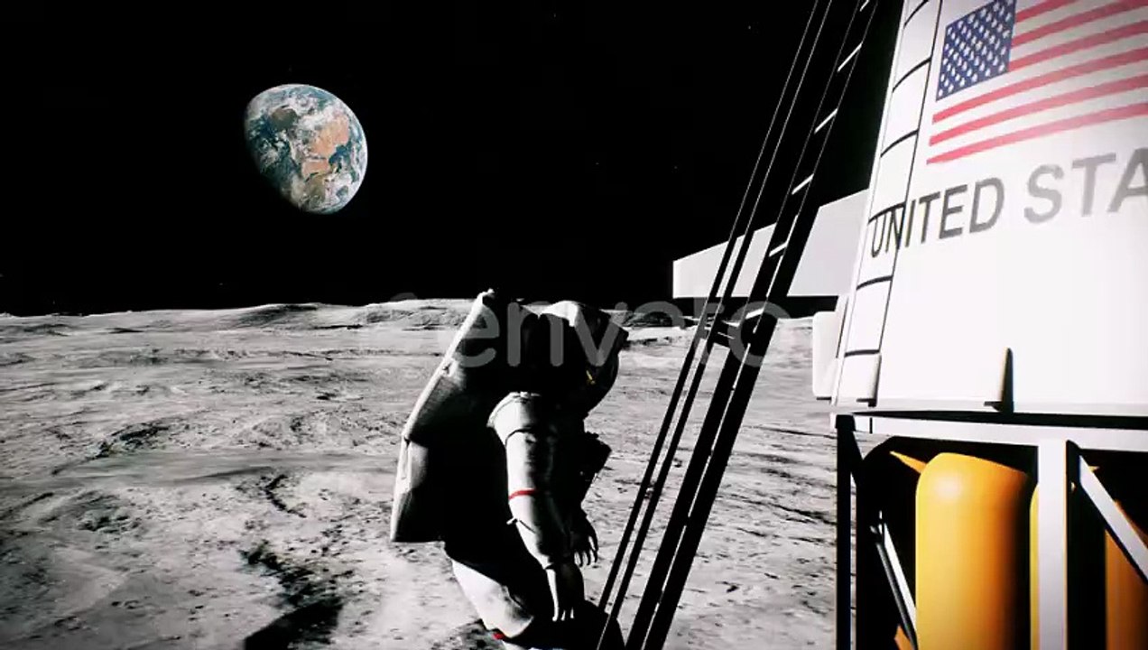 Astronaut Descends Ladder on Moon with Distant Earth