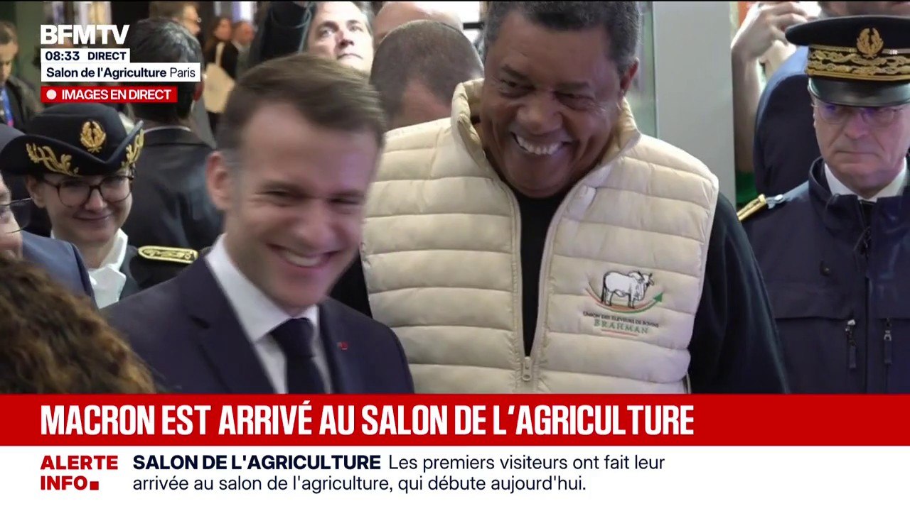 En discutant avec l'éleveur de Biguine, Emmanuel Macron "regrette l'absence" de la vache égérie du Salon de l'Agriculture