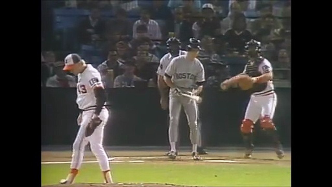 Curt Schilling (BAL) fans Todd Benzinger swinging for his first career strikeout in his Major League debut (9/7/88)