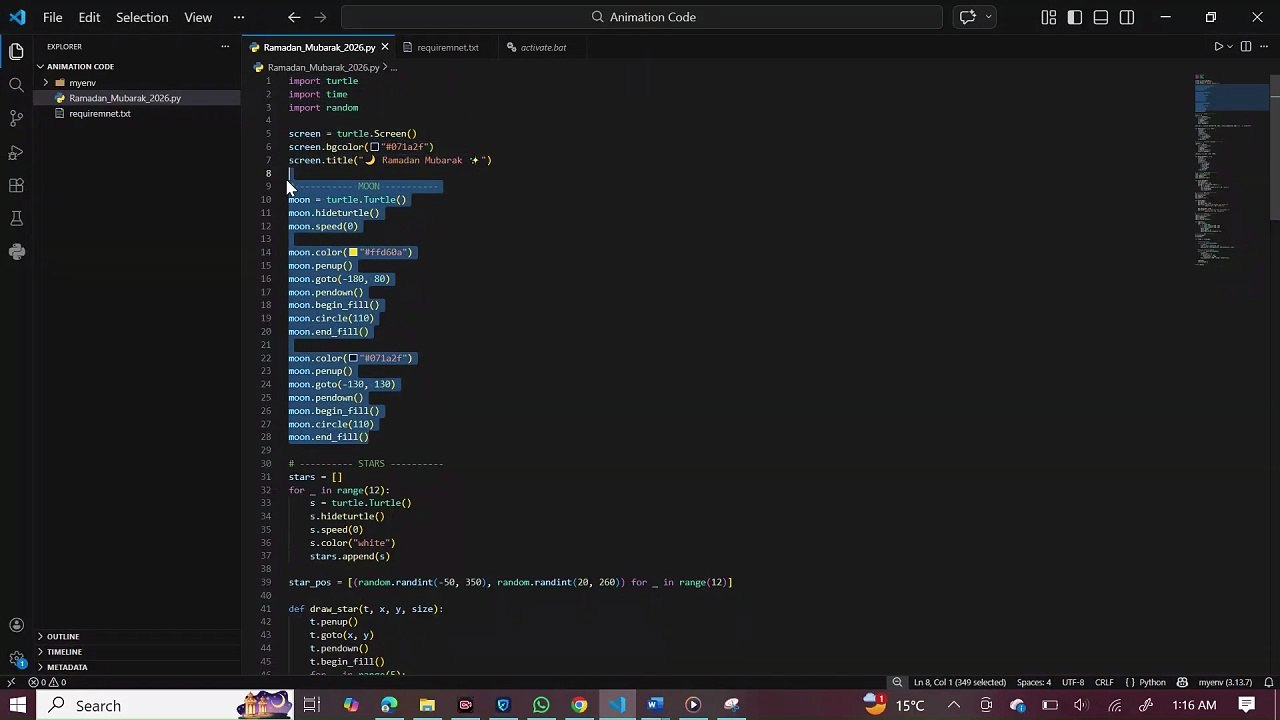 Ramadan Mubarak Animation in Python Turtle _ Beautiful Islamic Greeting ✨