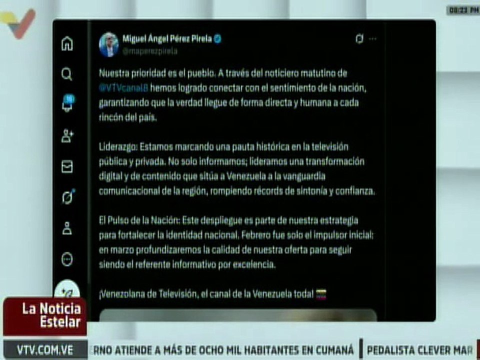 Pérez Pirela: Noticiero matutino de VTV ha logrado conectar con el sentimiento de la nación
