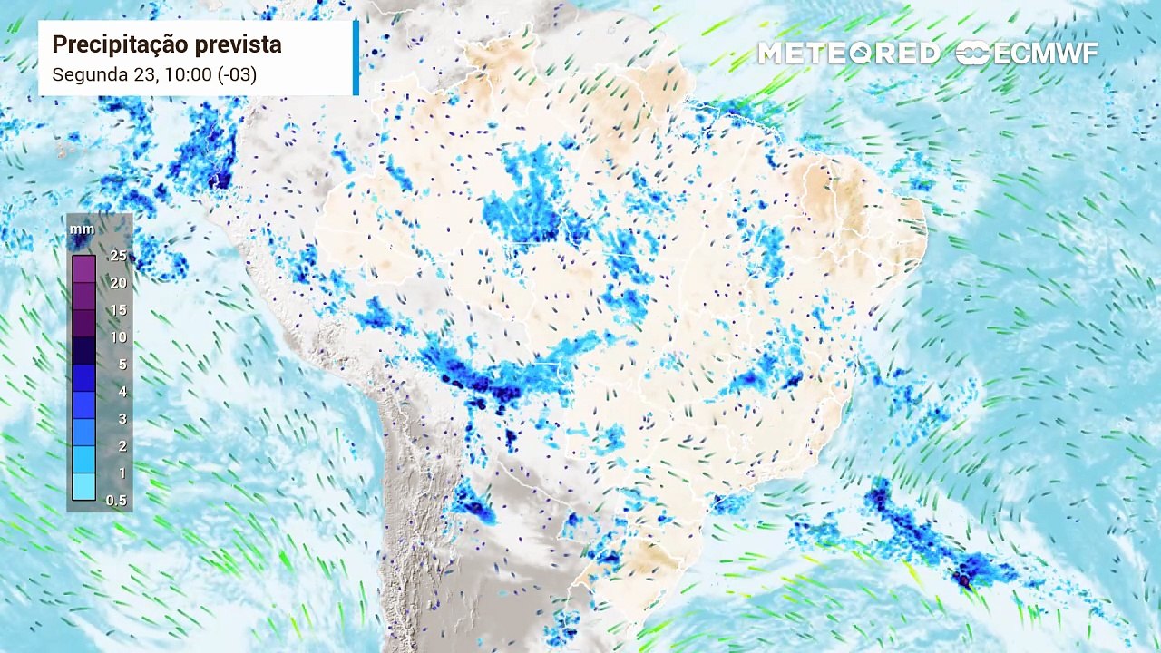Segunda-feira, 23 de fevereiro: Previsão de chuvas e nebulosidade entre esta segunda (23) e quarta-feira (25).