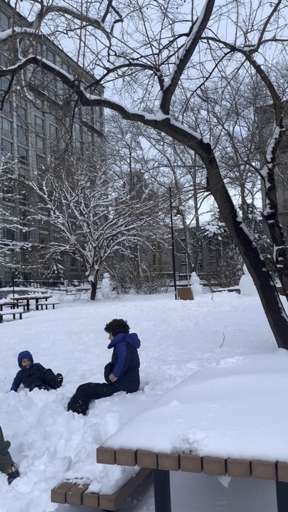 Just as the snowstorm had ended, Nelson Wang, a resident of The Octagon, couldn't wait to go out and play in the snow. On February 23, 2026, on Roosevelt Island in Manhattan.