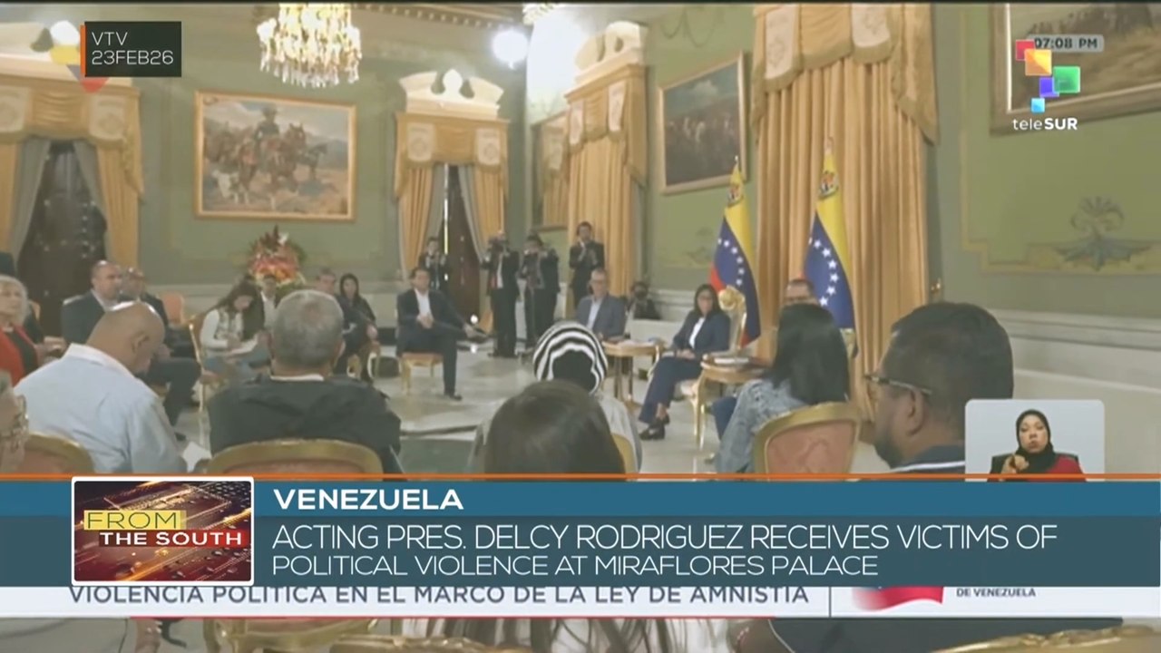 Acting Pres. Delcy Rodriguez receives victims of political violence at Miraflores palace