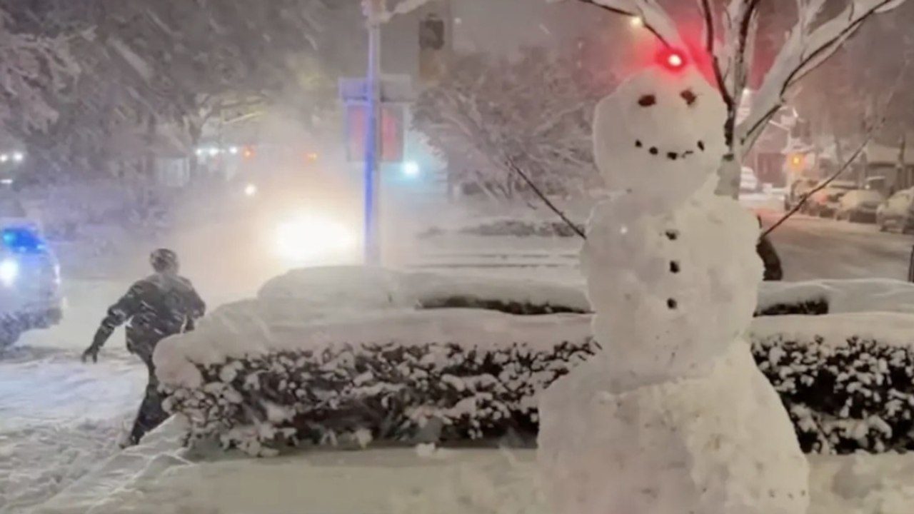 Agenti di polizia di New York si sfidano a palle di neve durante la storica nevicata