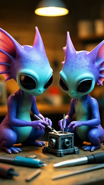 alien creatures collaborate in a workshop