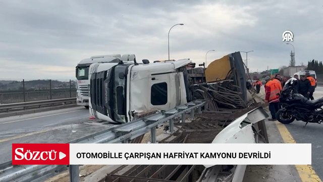 Büyükçekmece'de otomobille çarpışan hafriyat kamyonu devrildi