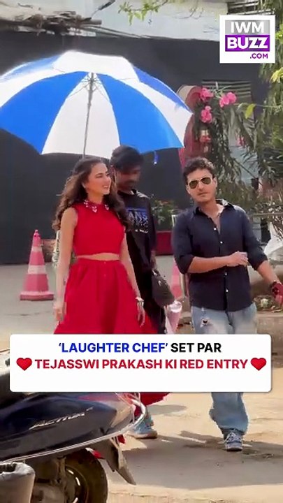 Tejasswi Prakash was spotted at the Laughter Chef set for her shoot, wearing a red outfit. She kept the look polished and camera-ready as the shoot continued on schedule.