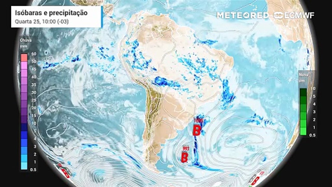 Quarta-feira, 25 de fevereiro: Previsão de chuva, nebulosidade e pressão a nível médio do mar entre quarta (25) e sexta-feira (27)