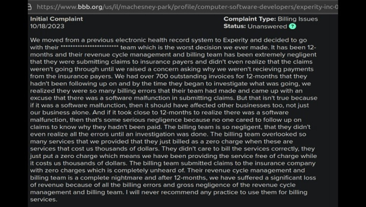 Experity Accused Of Botching Records / Sending Wrong Info To Insurance Companies - BBB Complaint