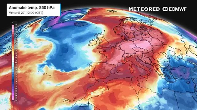 La mappa evidenzia la persistenza di una vasta area di anomalia termica positiva su gran parte dell'Europa. Valori che a circa 1500 m sono ben superiori alle medie del periodo