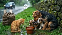 A family of dogs was trapped in a desperate situation on a lonely road during a torrential downpour; the rescue scene was heart-wrenching