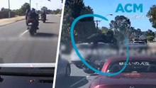 One injured, one fled in horror motorcycle crash caught on dashcam