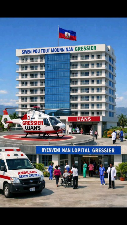 Nouvo batiman MERI GRESSIER la gen 2 etaj, stil modèn ak gwo vit, drapo Ayiti ap flote anlè, pakin òganize ak moun k ap antre pou sèvis. 🇭🇹🏢#MeriGressier #Ayiti #Devlopman #AchitektiModèn #FyèteNasyonal #SèvisPiblik