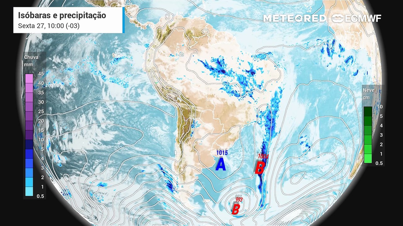 Sexta-feira: 27 de fevereiro: Previsão de chuva, nebulosidade e pressão a nível médio do mar.