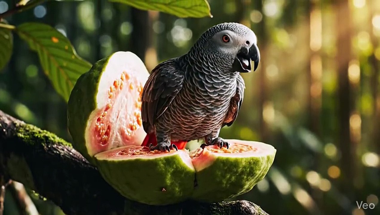 Green guava split and parrot emerges out
