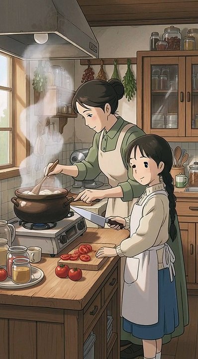 A young girl and her mother cooking foods❤️