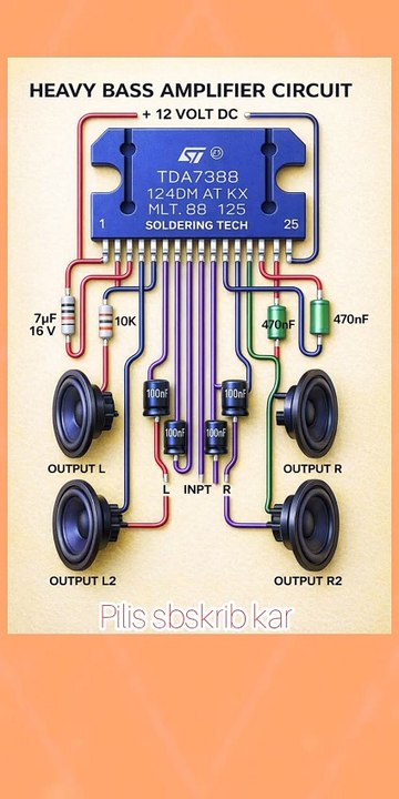 Heavy Bass Amplifier Circuit 12V | TDA7388 4 Channel Powerful Audio Board Diagram
