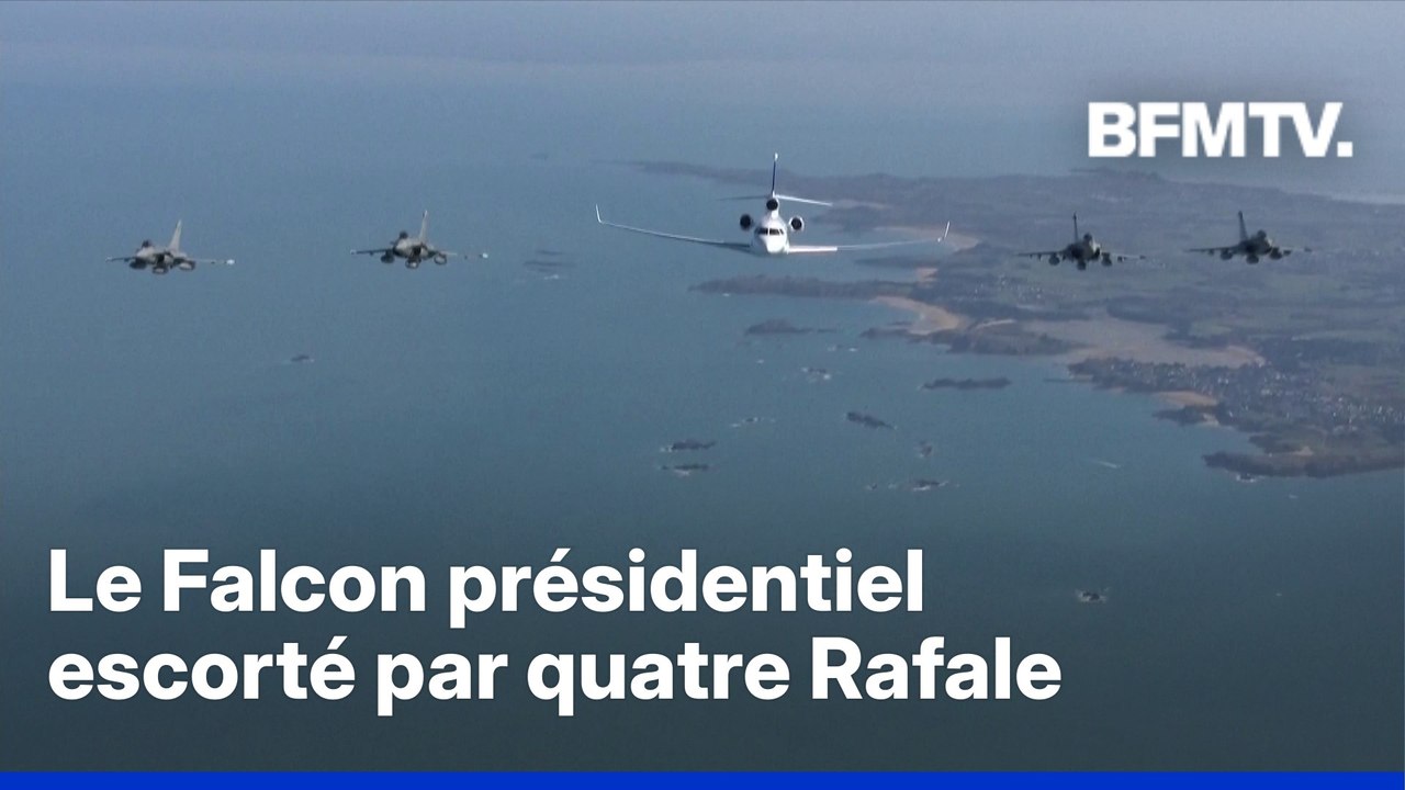 Le Falcon d'Emmanuel Macron escorté par quatre Rafale avant son discours sur la dissuasion nucléaire