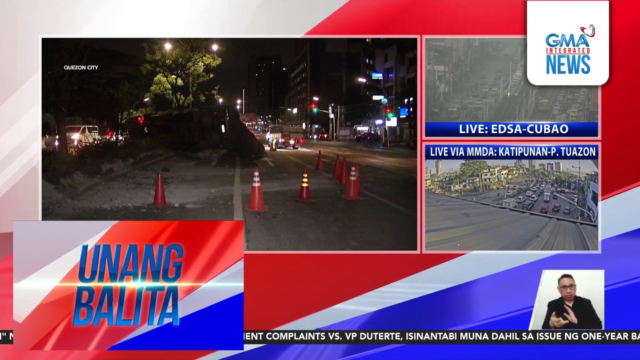 Truck, sumalpok sa center island at tumagilid sa Katipunan Ave.; nagdulot ng mabigat na trapiko | Unang Balita