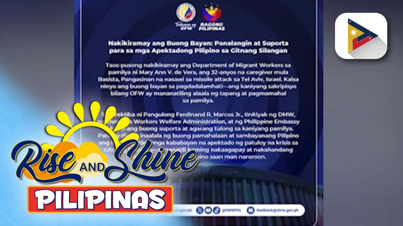 DMW, nagpaabot ng pakikiramay sa naulilang pamilya ng Filipina caregiver na nasawi sa kaguluhan sa #MiddleEast