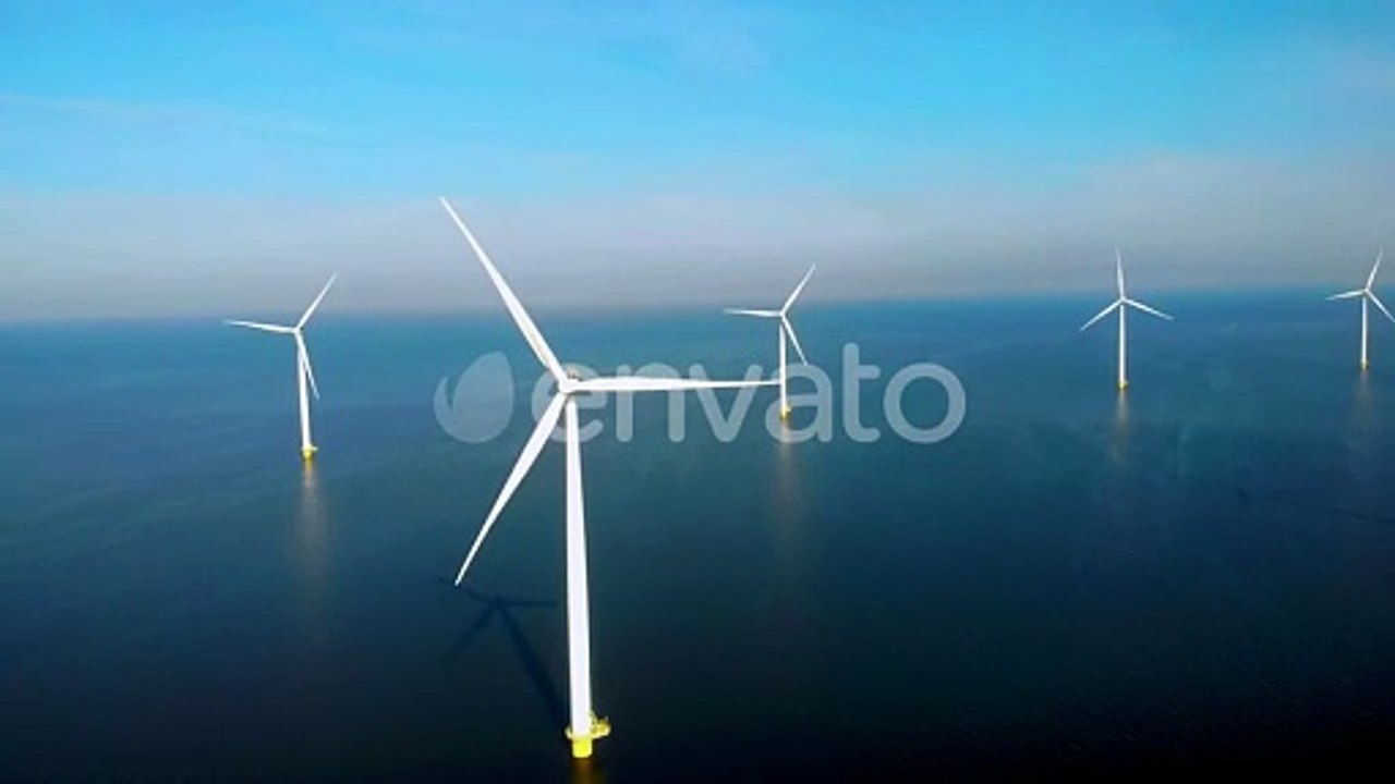 Windmill Turbines at Sea Generate Green Energy in the Netherlands