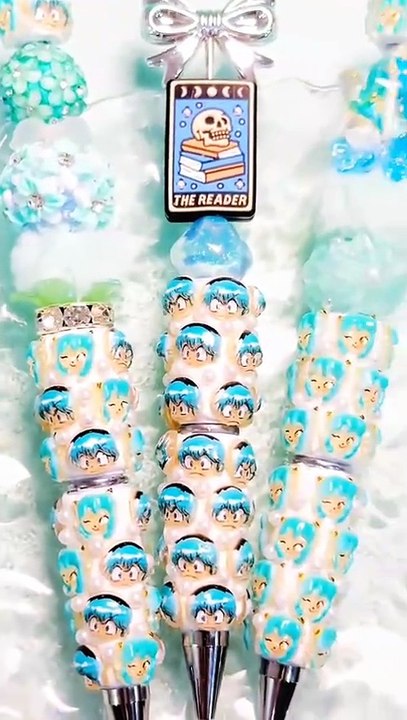 Beadable Clay Pens with Japanese Virtual Character in Teal Color, White Pearls, Random Mix