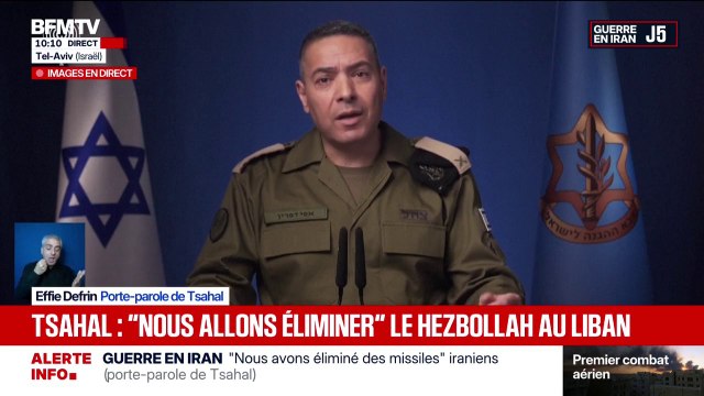 Guerre au Moyen-Orient: Nous avons aujourd'hui sorti une consigne d'évacuation de la population au Sud-Liban pour qu'on puisse attaquer les sites du Hezbollah , déclare Effie Defrin, porte-parole de l’armée israélienne